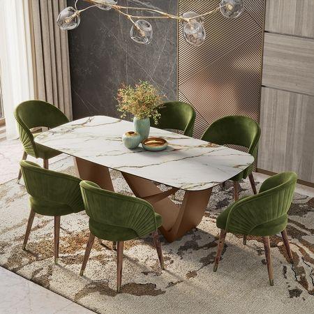 Paloma Celia 6 Seater Dining Set (Pluto Spanish Ceramic, Deep Olive Velvet )