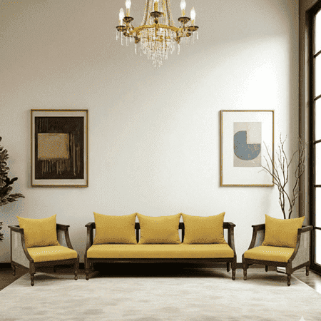 Heston 3+1+1 Seater Wooden Sofa in Yellow Fabric