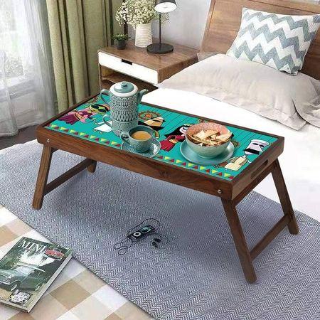 Cultural Mosaic Solid Wood Breakfast Table and Serving Tray In Multicolour