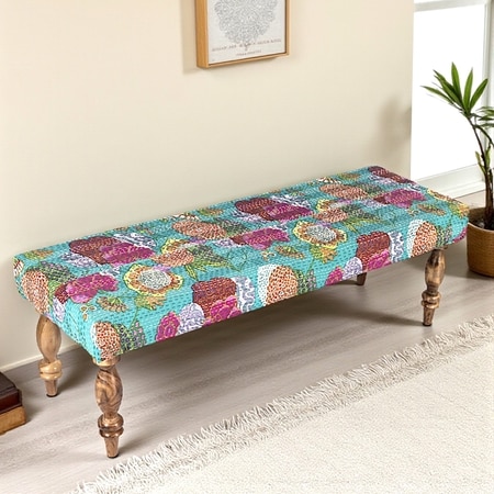 Cairo Sheesham Wood Mid Century Dining Bench (Sea Green Fruit Print Kantha Teak Finish)