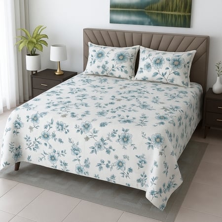 White Floral 400 TC Cotton Flat Queen Size Bedsheet With 2 Pillow Covers From Threads