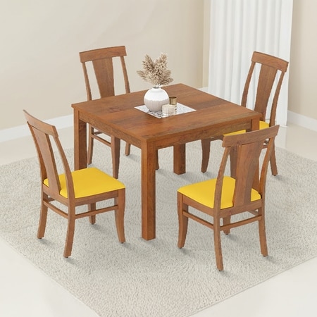 Brighton Square 4 Seater Dining Table With 4 Fabio Dining Chairs (Finish : Amber Walnut, Chair Colour : Matty Yellow)