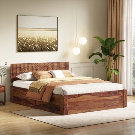 Kuba Solid Wood Queen Size Hydraulic Storage Bed In Teak Finish