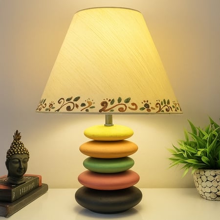 Multicolour Handpainted And Hancarved Distress Wooden Stone Finish Table Lamp