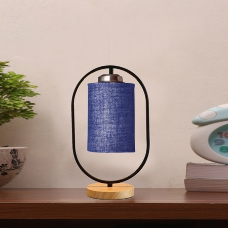 Devansh Blue Jute Wooden Floor & Iron Table Lamp -17 Inch Height -M