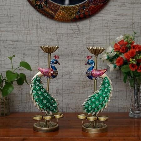 Desert Art Metal Handpainted Peacock Tealight Showpiece Set of 2
