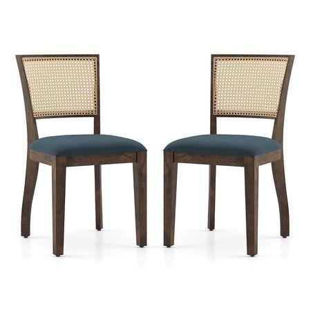 Reed Cane Chair Set Of 2 In Danish Walnut And Colour Night Blue Velvet