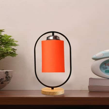 Devansh Orange Cotton Drum Wooden & Iron Table Lamp -17 Inch Height -D