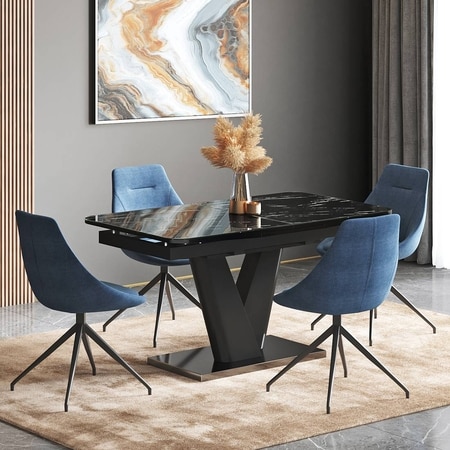 Caribu 4 To 6 Extendable Dining Table With 4 Doris Swivel Accent Chairs (Finish- Black High Gloss, Chair Colour- Blue)