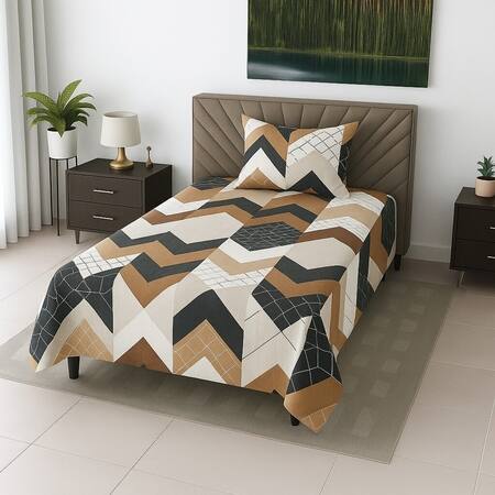 Multicolor Geomertrical 210 TC Mix Cotton Flat Single Bed Size Bedsheet With 1 Pillow Cover From Threads