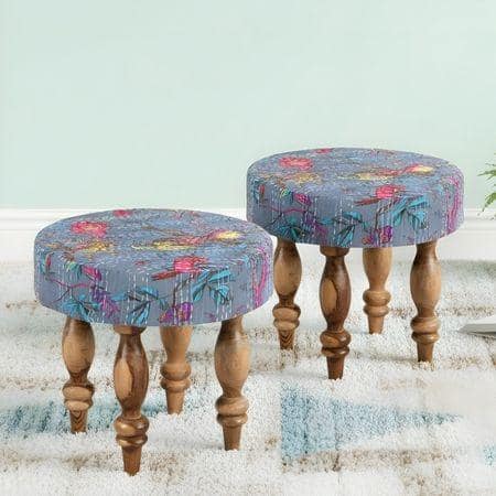 Roswell Sheesham Wood Mid Century Round Set of 2 Stools in Grey Brid Print Kantha Upholstery