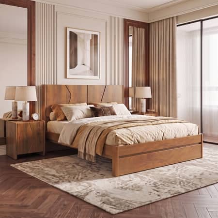 Koro Solid Wood Queen Size Non Storage Bed In Amber Walnut Finish