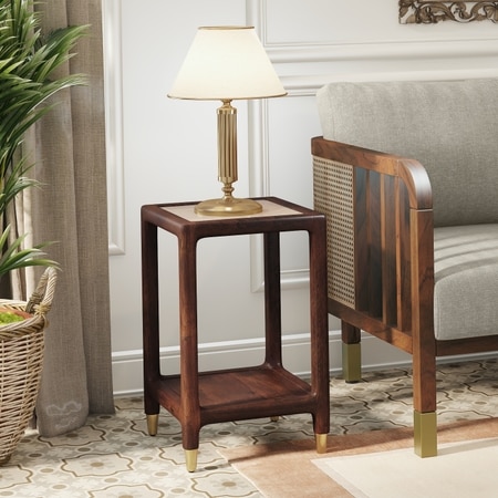 Sera Square Solid Wood And Marble Side Table In Mango Walnut Finish
