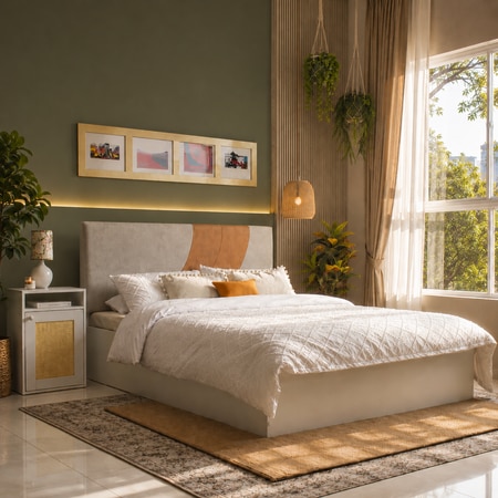 Ashtanga Engineered Wood Queen  Size Bed With Hydraulic Storage (Melamine Finish, White Colour)