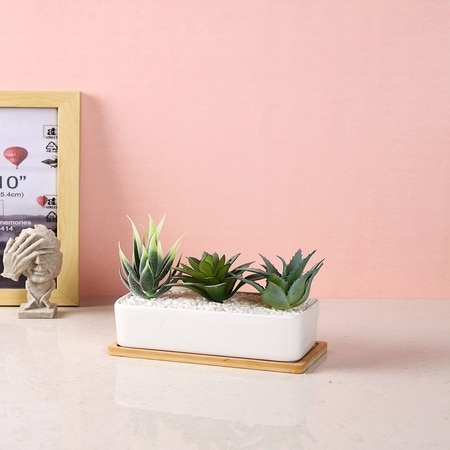Artificial Faux Plants In A Ceramic Pot With A Wooden Plate