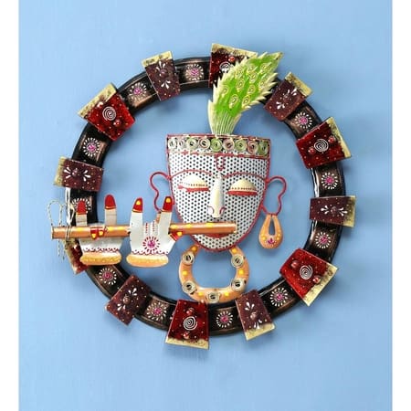 Desert Art Metal Handpainted Lord Krishna Wall Hanging in White Colour