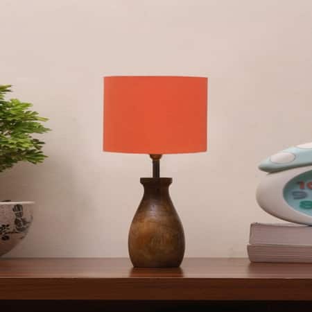 Devansh Orange Cotton Table Lamp With Wood Natural Base (7X13 Inches)-5
