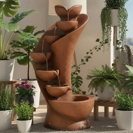 Orange Fiber Glass 7 Stacked Chalice Water Fountain