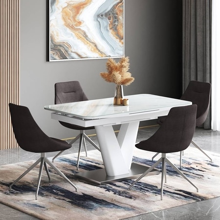 Caribu 4 To 6 Extendable Dining Table With 4 Doris Swivel Accent Chairs (Finish- White Marble High Gloss, Chair Colour- Dark Grey)