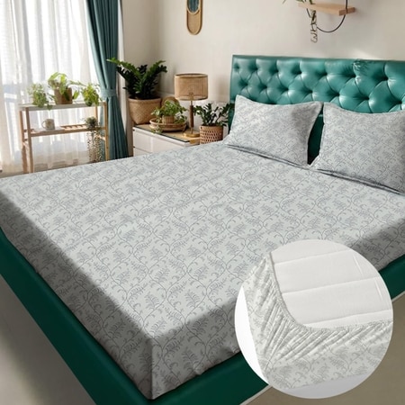 White Floral 180 TC Fitted 1 King  Bedsheet with 2 Pillow Covers