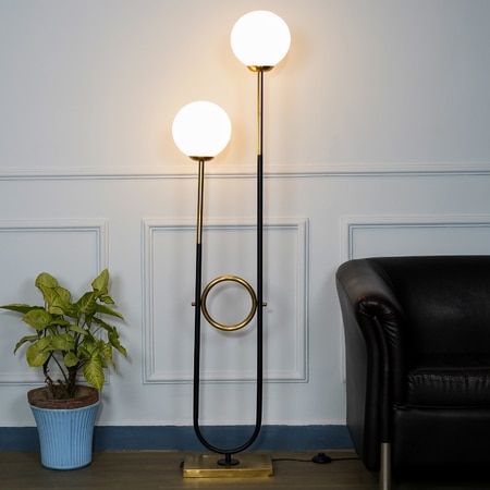 Allegra 2 Light Floor Lamp In Antique Brass And Black Finish With Opal Glass Diffuser