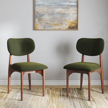 Ollie Solid Wood Dining Chair set of 2 in Honey Finish with Deep Olive Fabric