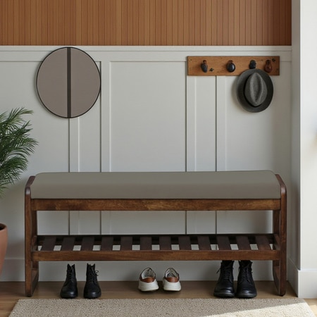 Seljord Solid Wood Shoe Rack with Seating in Walnut Brown finish