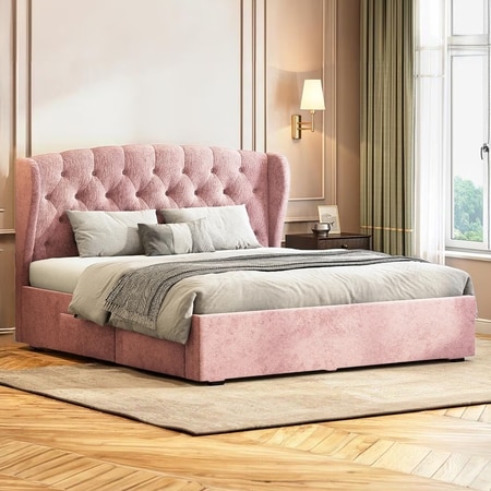 Holmebrook Engineered Wood Queen Size Drawer Storage Upholstered Bed in Desert Rose Colour