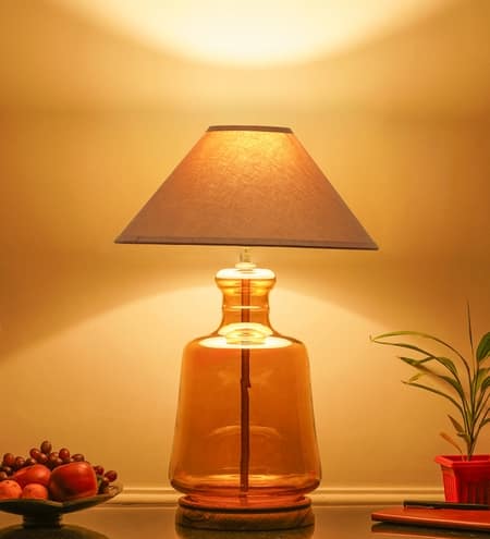 Paola Amber Glass And Wood Table Lamp With Beige Cotton Shade