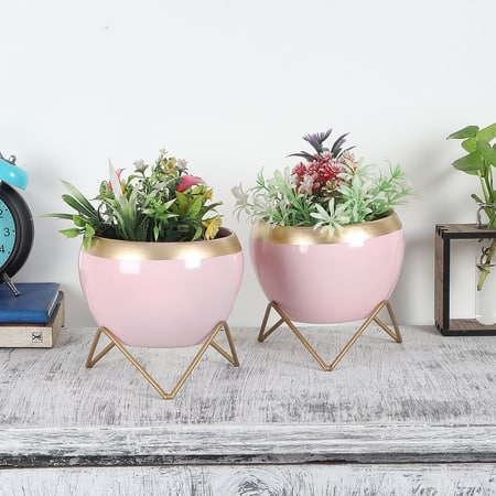 Apple Shape Metal Planter Set Of 2 In Pink And Gold Colour