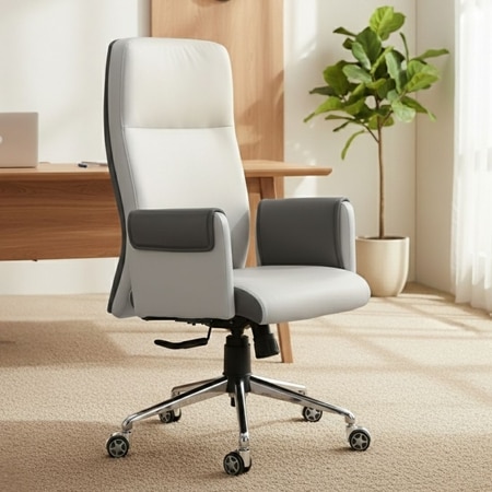 Ettorez Flair Hb Ultra Premium Leatherette Office Chair In Cream And Gray Colour