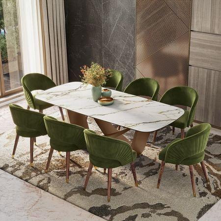 Paloma Celia 8 Seater Dining Set (Pluto Spanish Ceramic, Deep Olive Velvet )