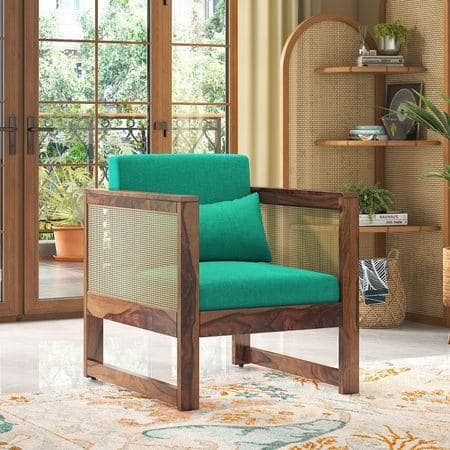Korai Plus single seater sofa -Finish -Teak,Fabric - Lagoon Green Futon