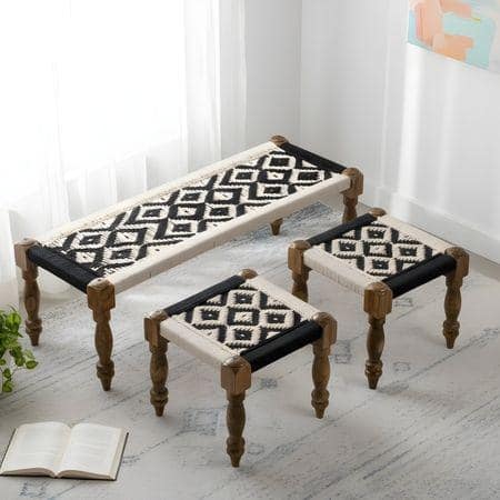 Hamilton Solid Wood Maachi Bench set with 2 Stools in Black & White Canning