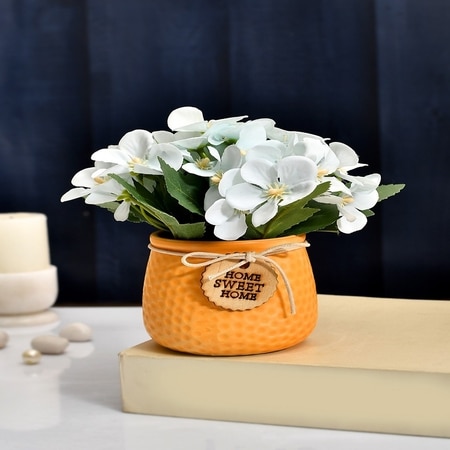 White Artificial Flowers Bunch With Orange Pot