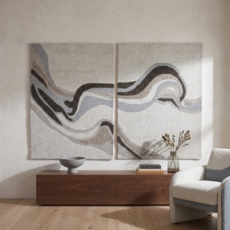 Abstract Blue Gray Wool Silk Wall Art 2 Panel Set 4 x 2 Feet
