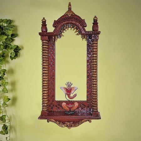 Handmade Wooden Brown Jharokha cum Pooja Shelf