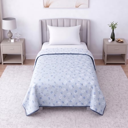 Blue Floral Dohar Reversible Cotton 300 Gsm Single Bed 240 X 160 Cms