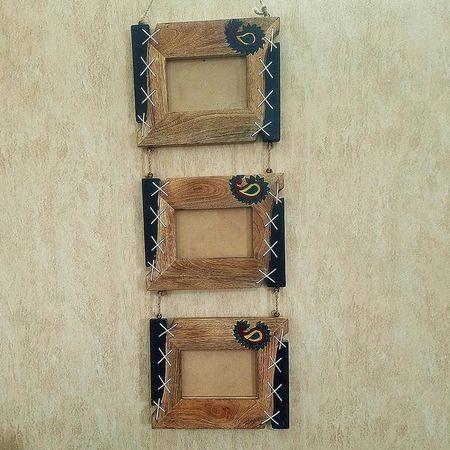 Brown wooden wall hanging photo frames collage set of 3 frames