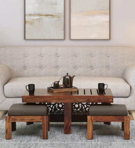 Lifty  Sheesham Wood Nesting Coffee Table Set in Provincial Teak Finish With Cushioned Stools