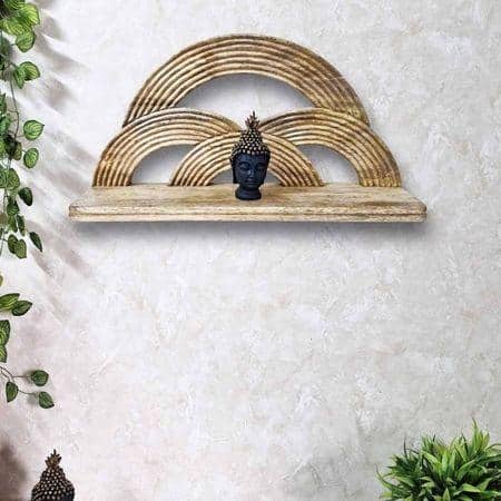 Bowie Brown Colour Solid Wood Handcarved Floating Wall shelf in Rainbow Design