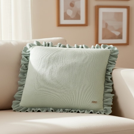 Ruffle Pistachio Green  And Olive Cotton Cushion Cover 16X16  Inches