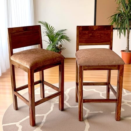 Osian Sheesham Wood Set of 2 Bar Chairs (Caramel Brown Sparkle Velvet Teak Finish)