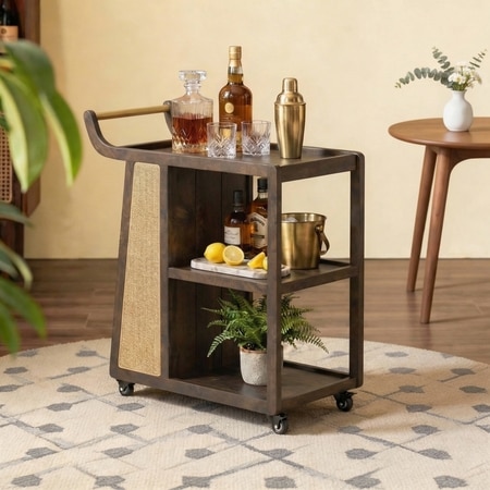 Yura Solid Wood And Cane Bar Trolley (Danish Walnut Finish)