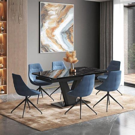 Caribu 6 To 8 Extendable Dining Table With Set Of 8 Doris Swivel Accent Chairs (Colour- Blue, Finish- Black High Gloss)