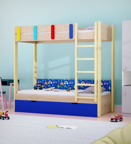 Pine Tree Single Size Bunk Bed In Oak and Blue Colour