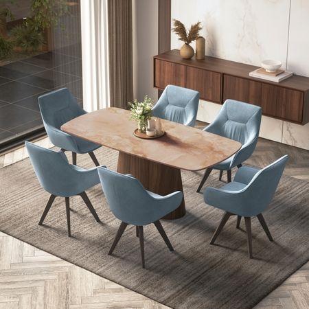 Nola 6 Seater Dining Table in Amber Jade Ceramic with Wella Dining Chair in Blue Fabric