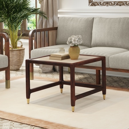 Sera Square Solid Wood And Marble Coffee Table In Mango Walnut Finish