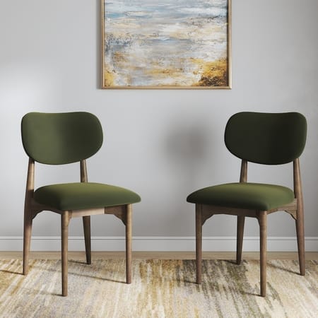 Ollie Solid Wood Dining Chair in Danish Walnut Finish & Deep Olive Velvet Colour - Set of 2