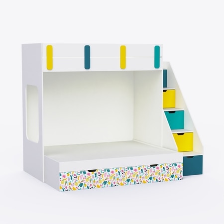 Pattern Dreams Bunk Bed 6X5 (Drawers On Wheels) In White & Teal Colour